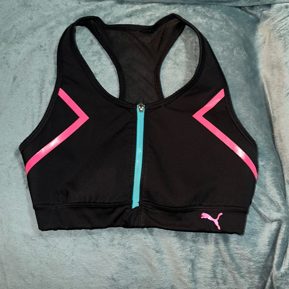 Puma small sports bra zip front black blue pink and white damaged